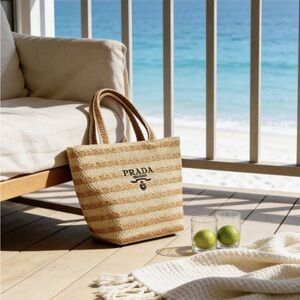 Prada Natural and Tan Striped Straw Tote or Make-up Bag